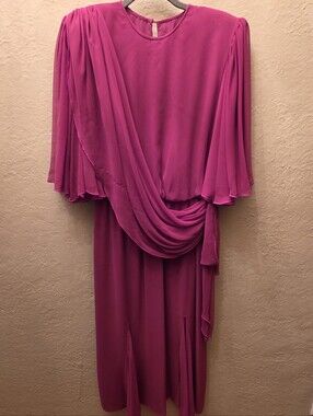 Vintage 80s/90s Paul Cornish Magenta Draped Chiffon Midi Dress Size 10